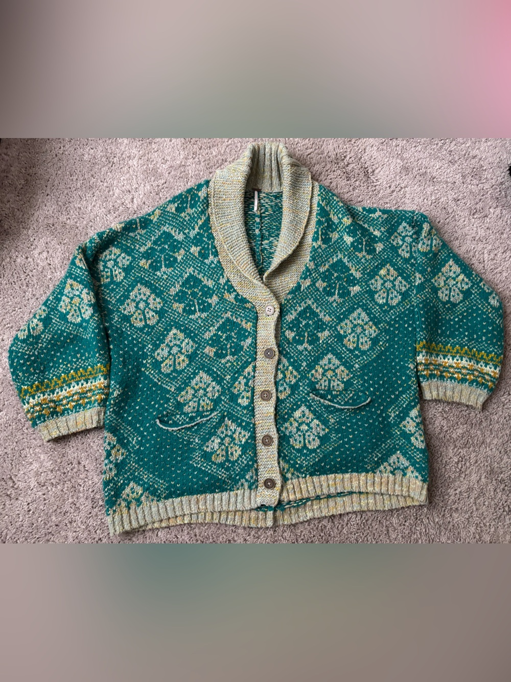 Free People Teal Patterned Oversized Shawl Collar Cardigan Sweater
